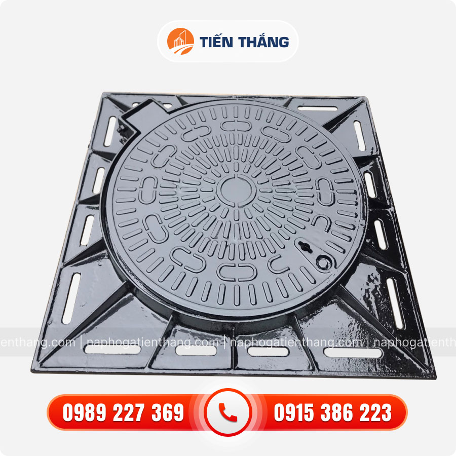 Nắm Hố Ga Gang Khung Vuông Âm Nắp Tròn